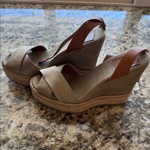 Tory Burch Brown and Tan with Gold Shimmer Wedge Sandals